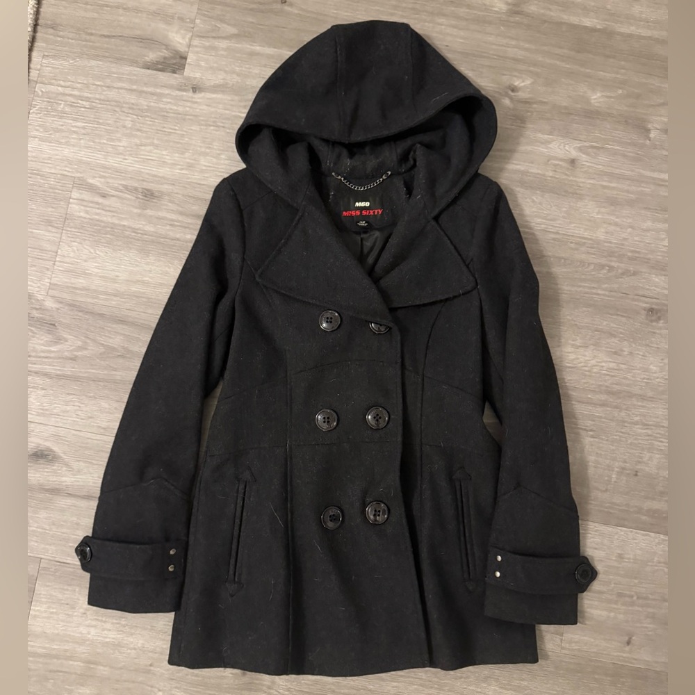 Women's Miss Sixty Black Hooded Peacoat
